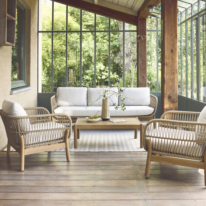 Salon de jardin IPANEMA en acacia avec de la corde. 5 places. coussins beiges en oléfine. table rectangulaire