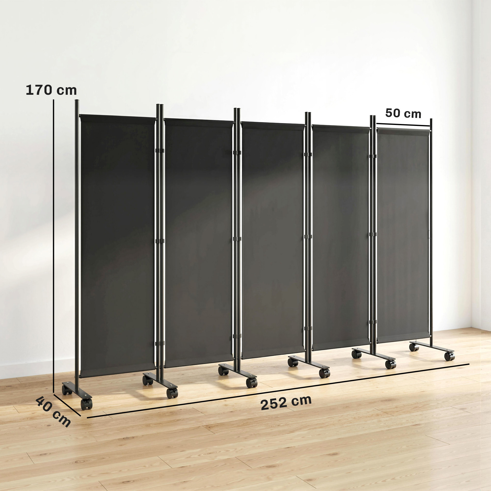 Biombo Plegable de 5 Paneles con 12 Ruedas, 252x170 cm, Biombo Separador de Ambientes con Clips de Conexión para Montaje Personalizado, para Salón u Oficina, Negro