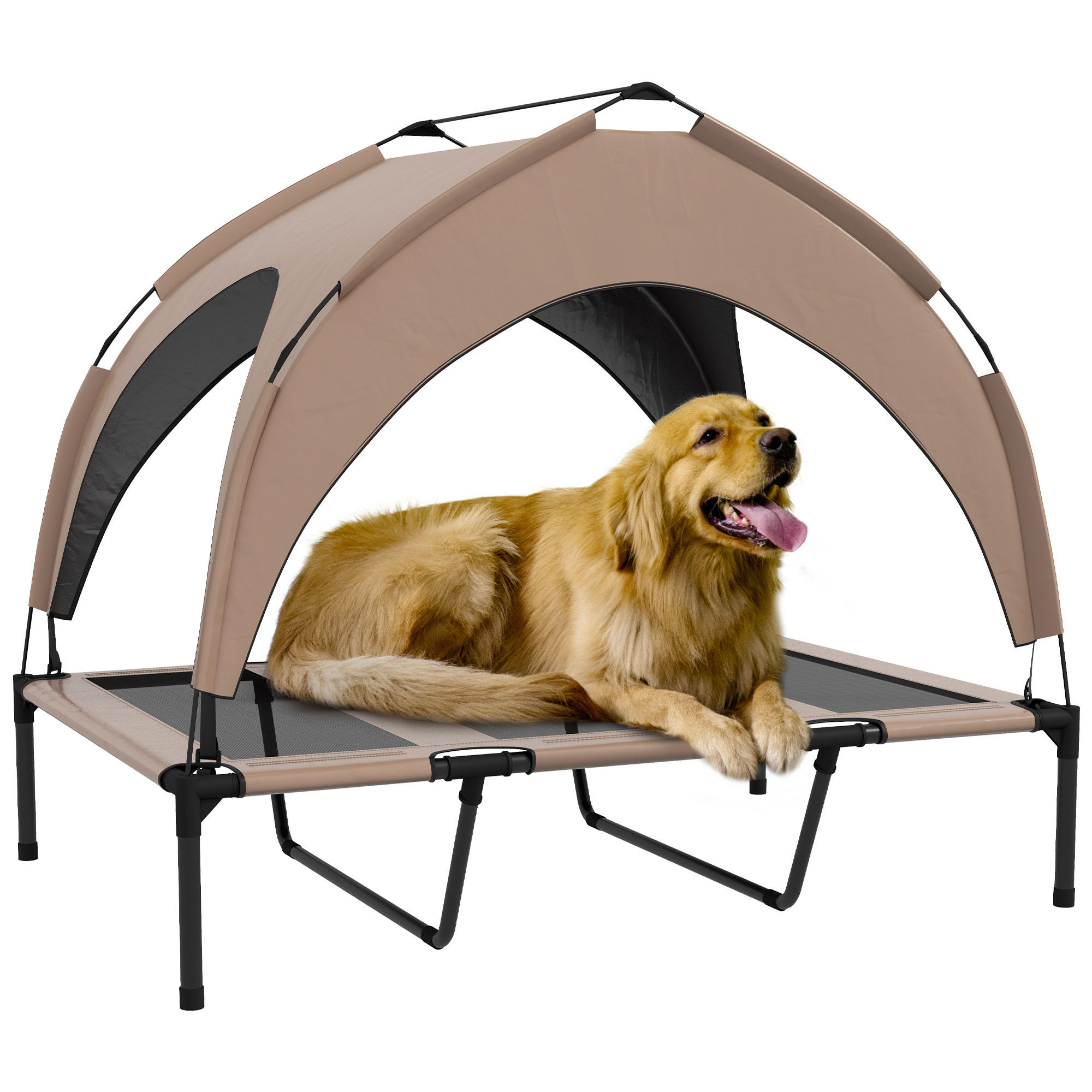 Cama para Perros Elevada con Toldo Cama para Perros Grandes con Marco de Acero y Bolsa de Transporte para Interior y Exterior 106x76x94 cm Café