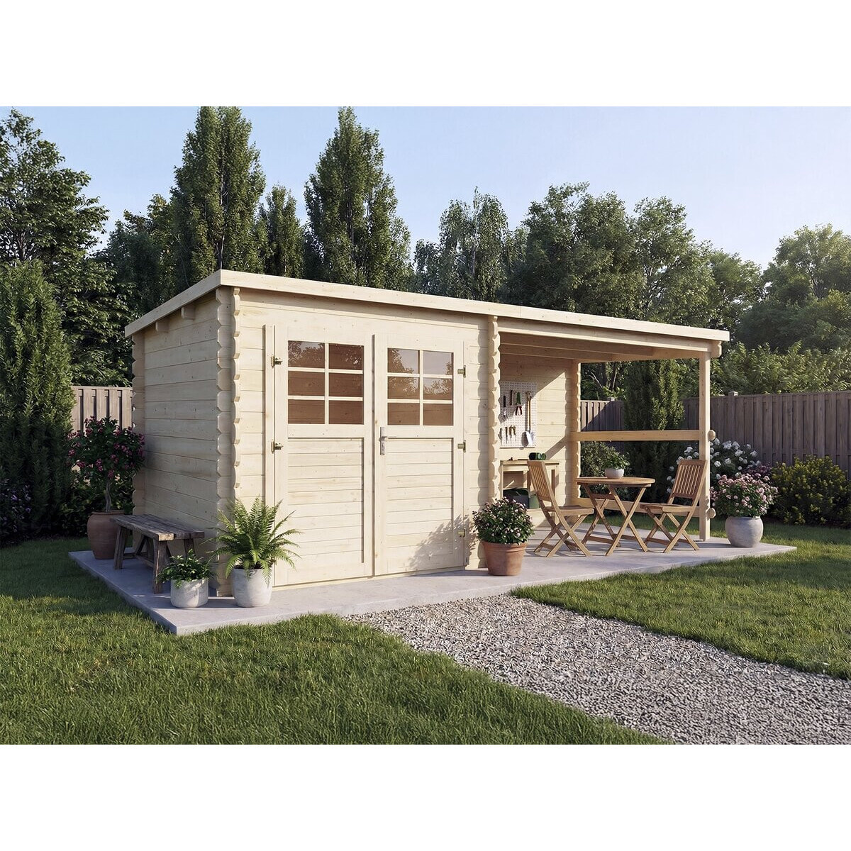 Abri de jardin en bois avec auvent "Montval" - 14 m² - 28 mm