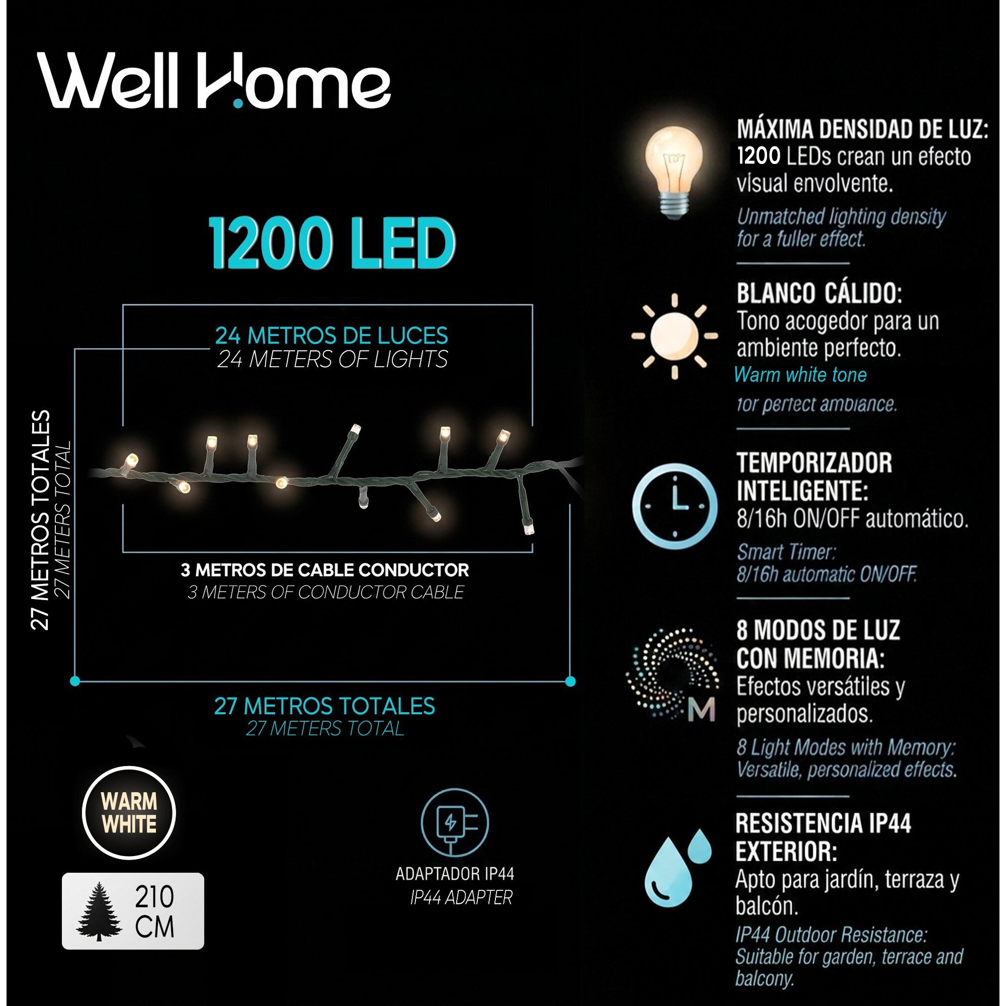 Guirnalda Iluminación navideña con 1200 LED Blanco Cálido - 24 metros