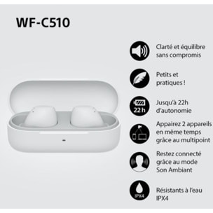 Ecouteurs SONY WF-C510 blancs - Bluetooth, sans fil, intra-auriculaires, autonomie 22h, résistance pluie et sueur