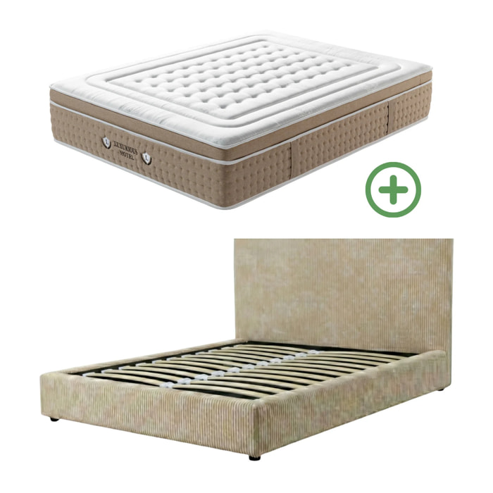 Ensemble matelas Bali & lit coffre Colisée | Mémoire de forme et ressorts ensachés | Grande capacité de stockage | Velours côtelé | Gris clair