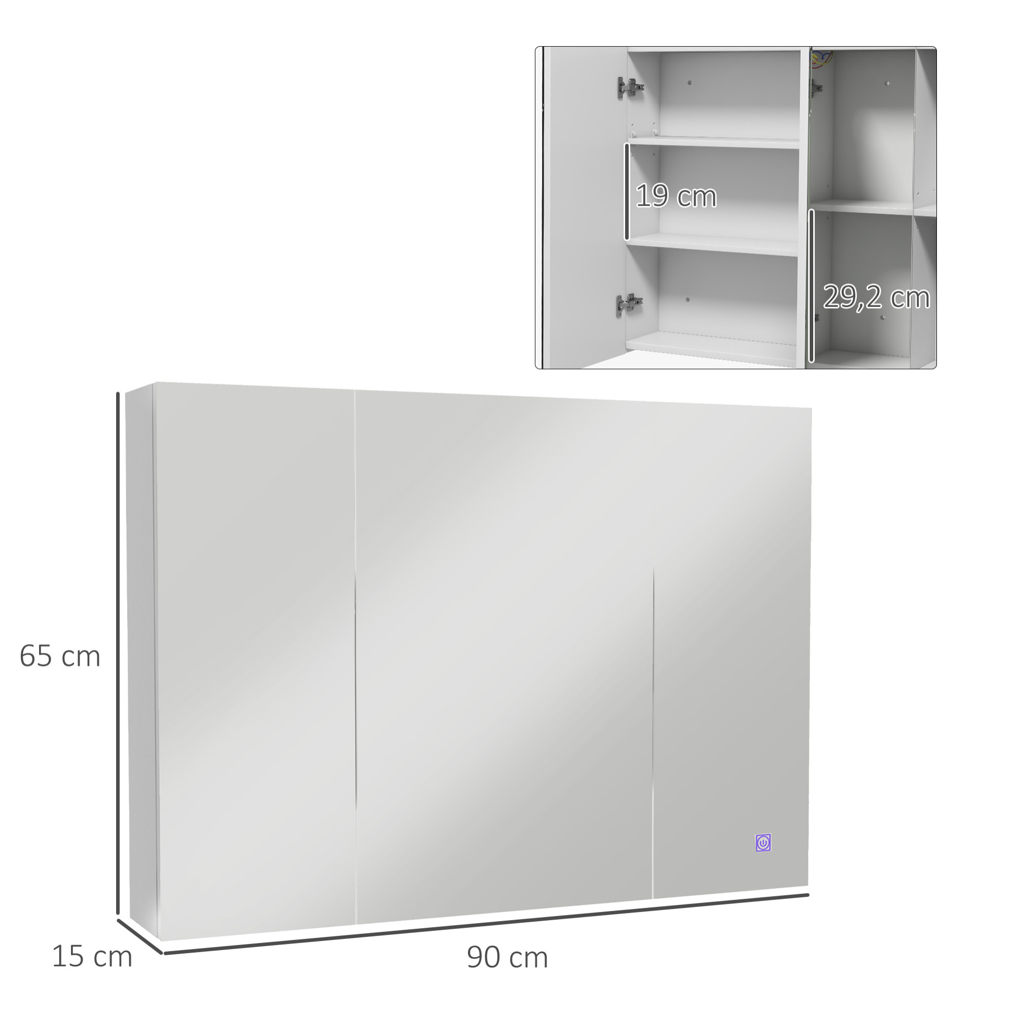 Armoire miroir LED de salle de bain - 3 portes, 3 étagères - tactile, lumière réglable - MDF blanc laqué verre