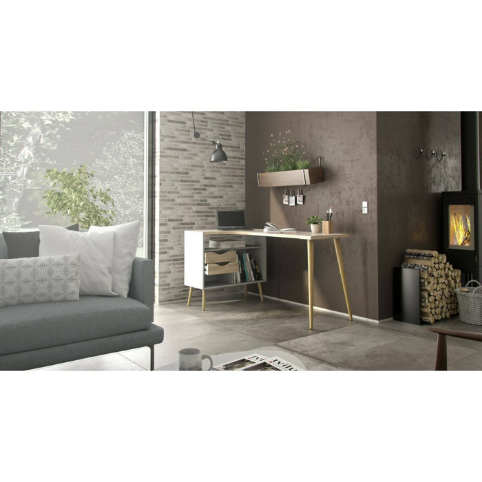 Scrivania Katherine, Scrittoio multiuso, Tavolo per ufficio porta PC, Piano di lavoro, 145x81 h76 cm, Bianco e Quercia
