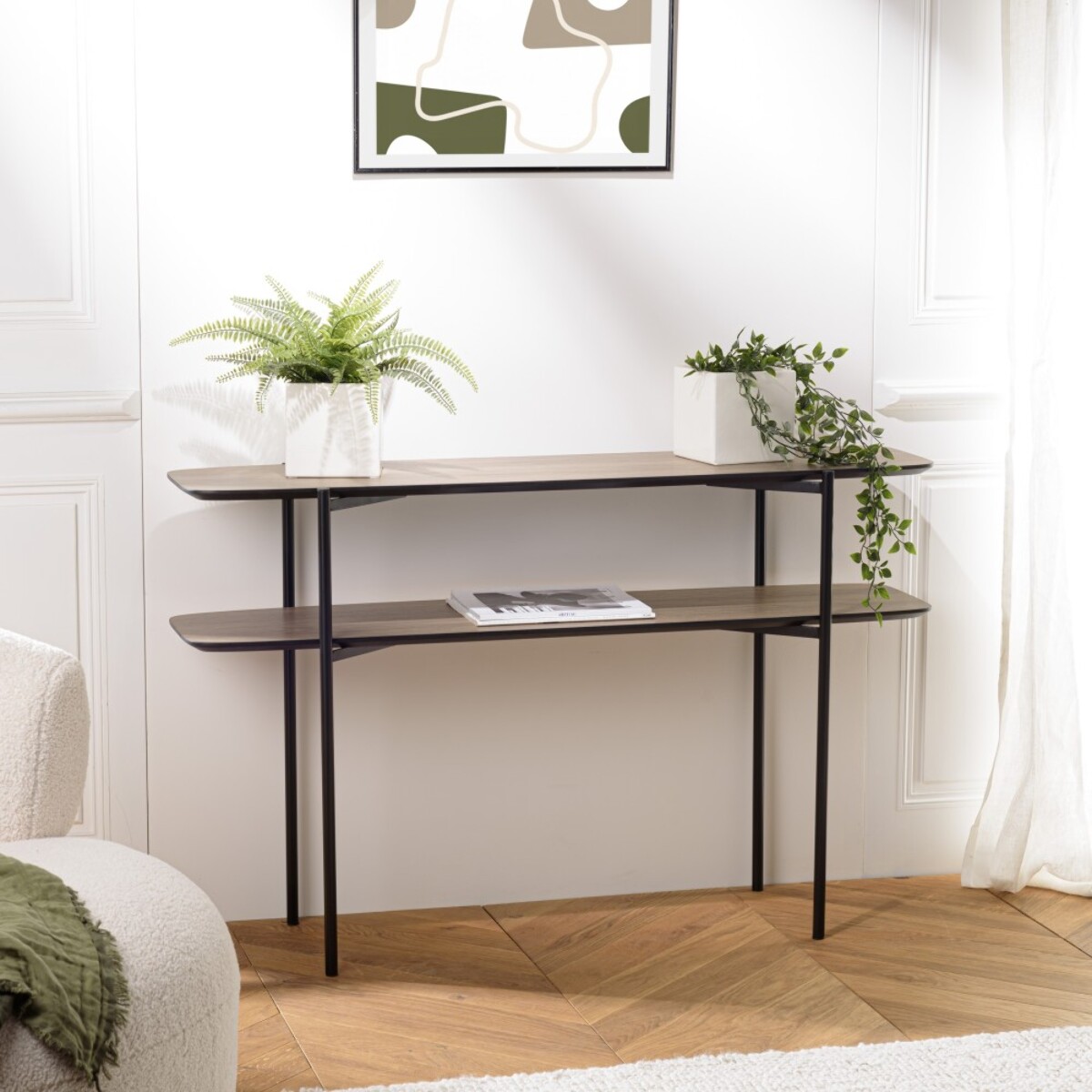 JULIA - Console double plateau 120x33cm couleur mocha pieds métal noir