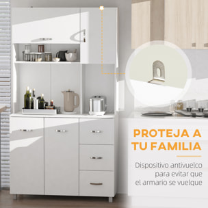 HOMCOM Alacena de Cocina Alacena Alta con 3 Cajones 4 Puertas Estantes Interiores Ajustables y Patas Elevadas Mueble Auxiliar para Comedor Salón 100x39,5x183,5 cm Blanco