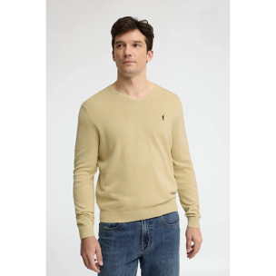 Maglione beige con scollo a V e ricamo Rigby Go