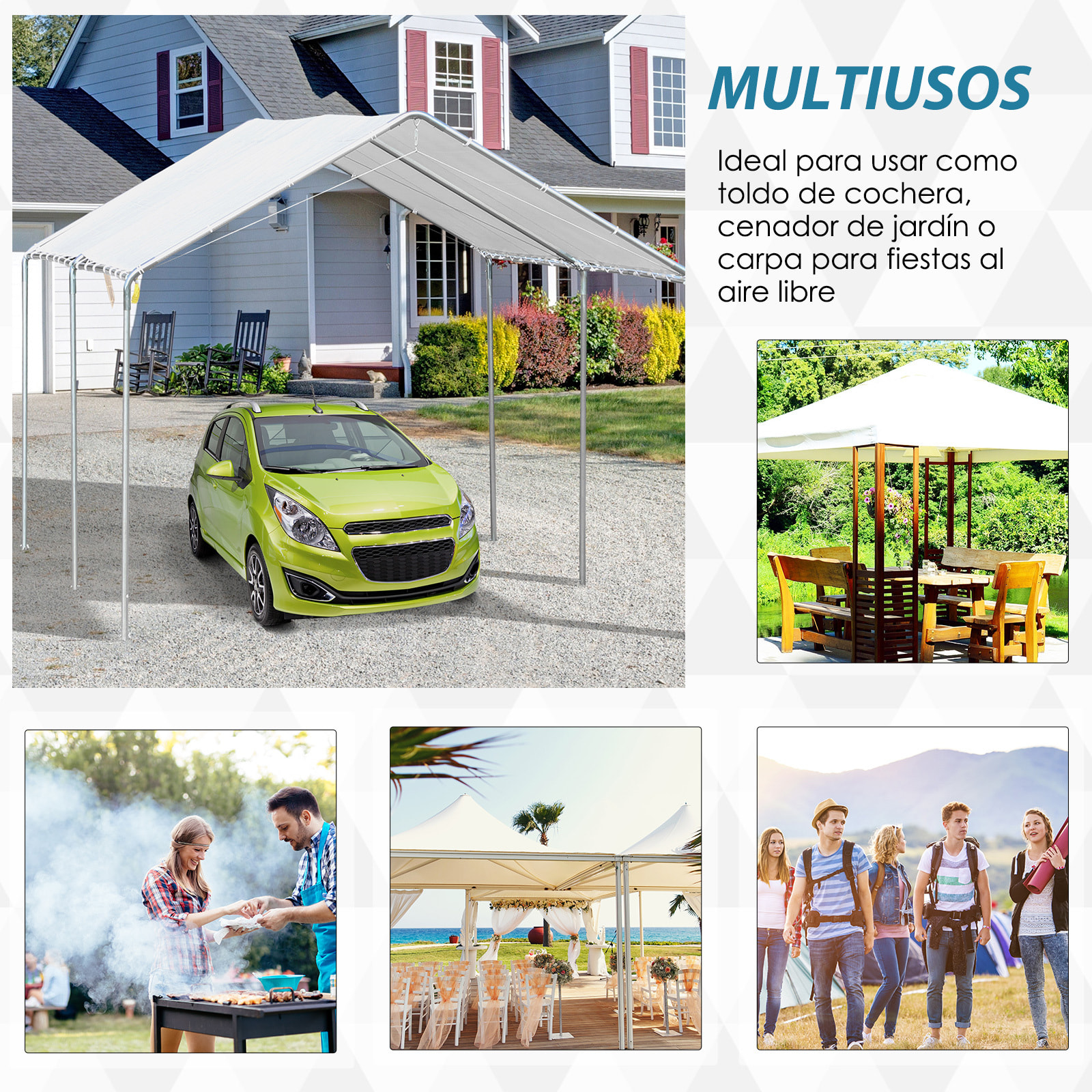 Cochera Exterior 3x6 m Carpa Garaje para Coche Impermeable con Toldo de Tela PE y Marco de Acero Galvanizado Pabellón Gazebo para Jardín Patio Blanco