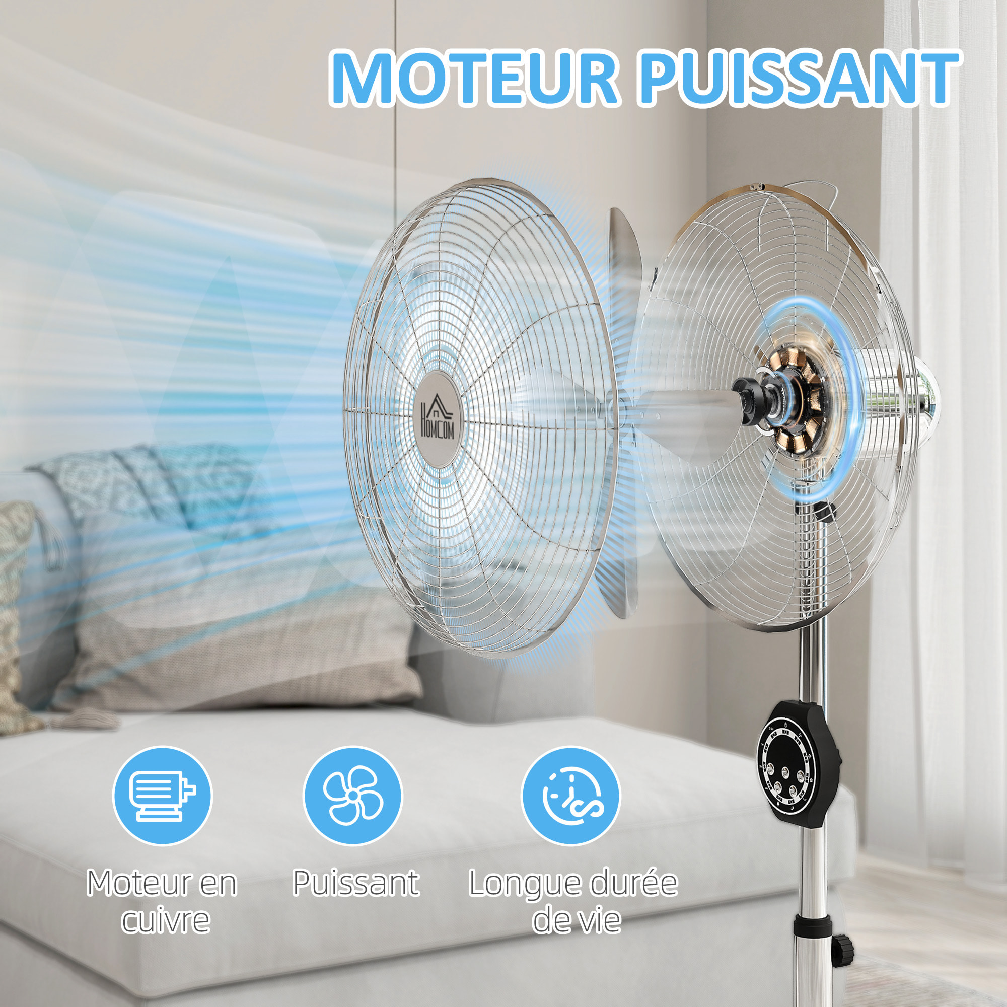 Ventilateur sur pied 50W oscillant réglable H.120-135 cm 3 vitesses timer télécommande 4 pales métal