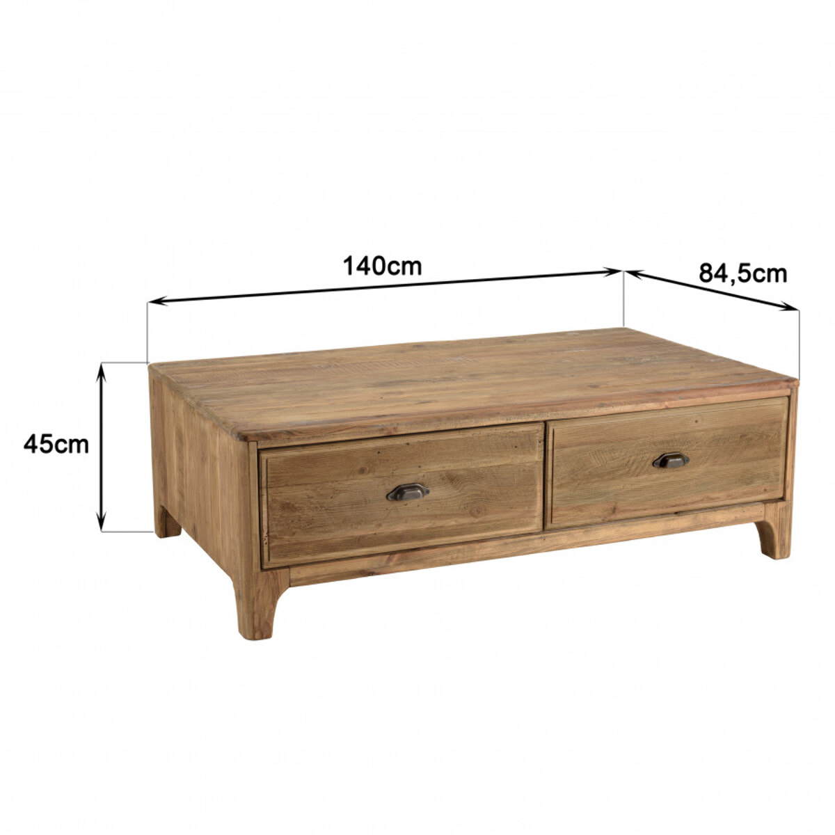 ANDRIAN - Table basse rectangulaire 140x85cm 4 tiroirs bois Pin recyclé