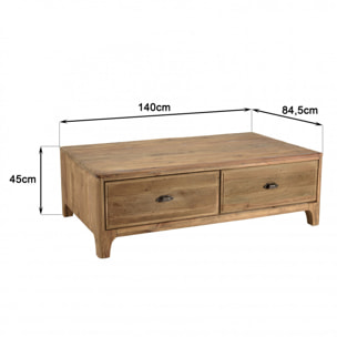 ANDRIAN - Table basse rectangulaire 140x85cm 4 tiroirs bois Pin recyclé