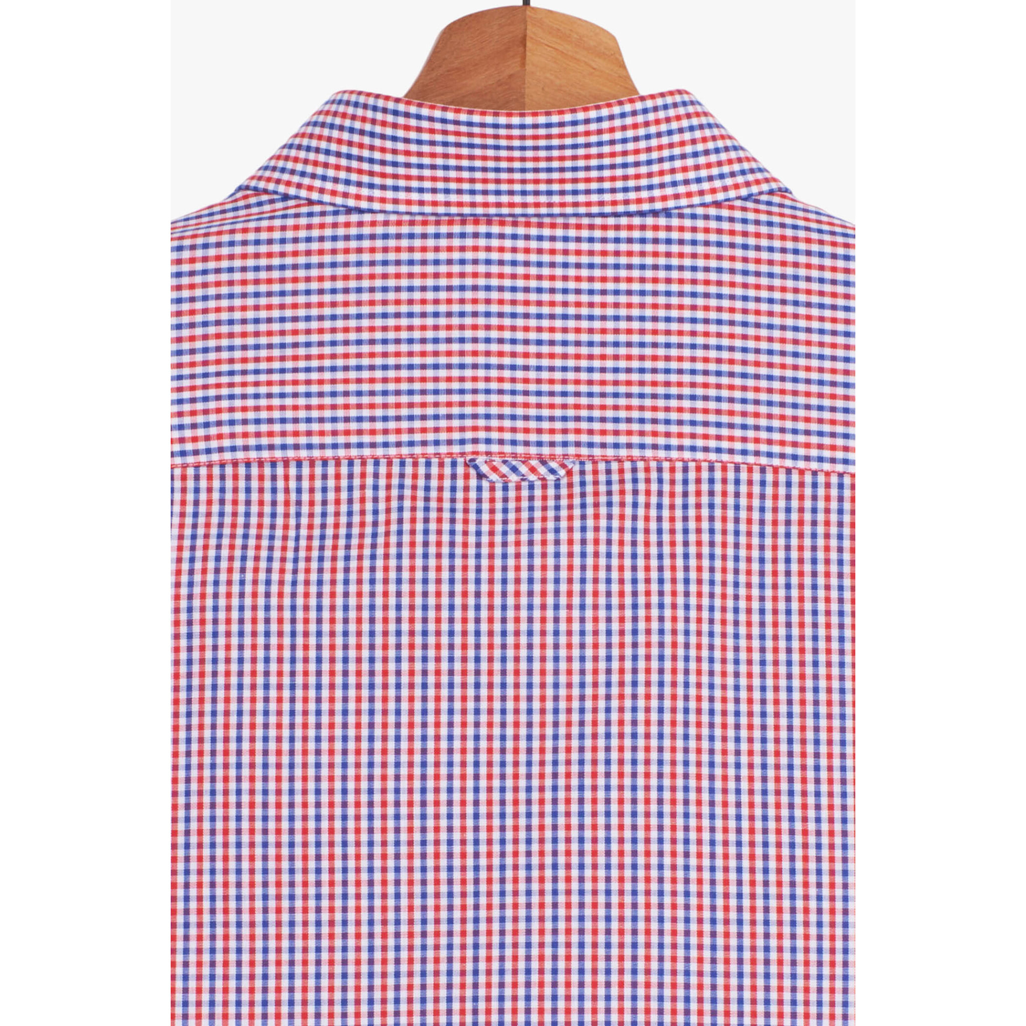 Camicia Uomo 1 Bottone Button Down Manica Corta Slim Popeline Quadro Piccolo Blu\Rosso