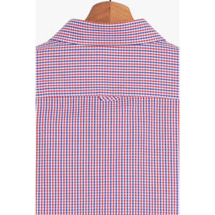 Camicia Uomo 1 Bottone Button Down Manica Corta Slim Popeline Quadro Piccolo Blu\Rosso