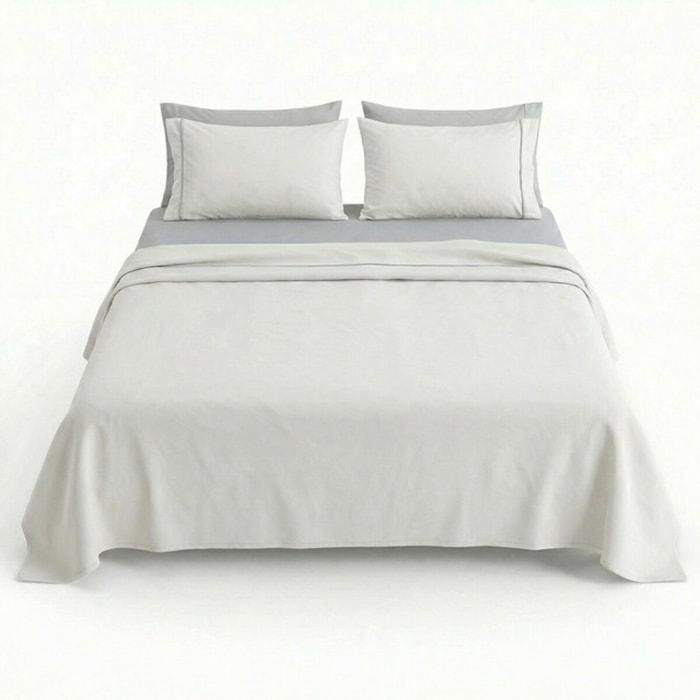 Completo lenzuola matrimoniale in cotone bicolore morbido e traspirante, set letto con lenzuolo sopra, sotto con angoli e 2 federe, design elegante con piping a contrasto, tessuto leggero e resistente 116 gsm, certificato OEKO-TEX, comfort quotidiano