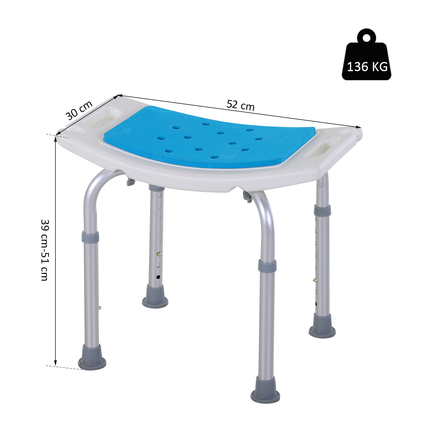 Siège de douche réglable en hauteur tabouret de douche ergonomique pieds antidérapants charge max. 136 Kg alu HDPE blanc bleu