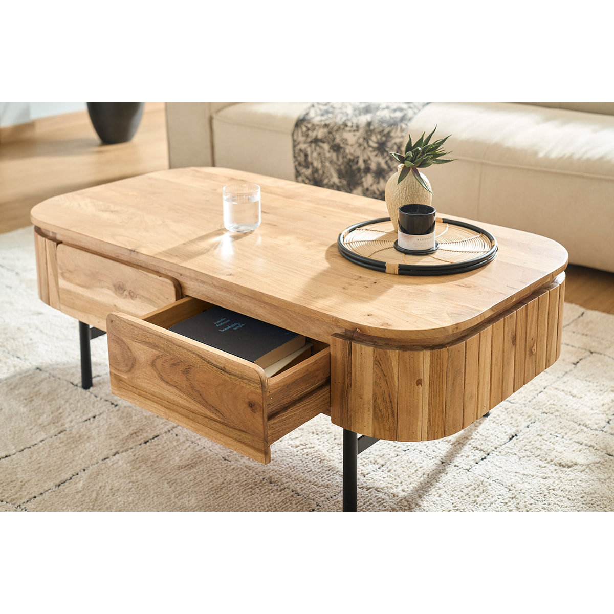Table basse avec rangements en bois massif et métal noir 4 tiroirs L115 cm NAPOLI