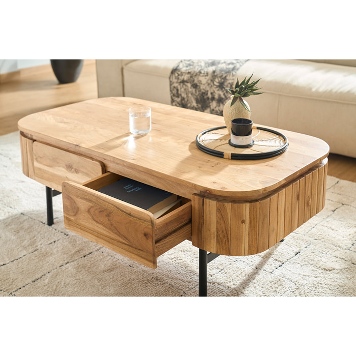 Table basse avec rangements en bois massif et métal noir 4 tiroirs L115 cm NAPOLI