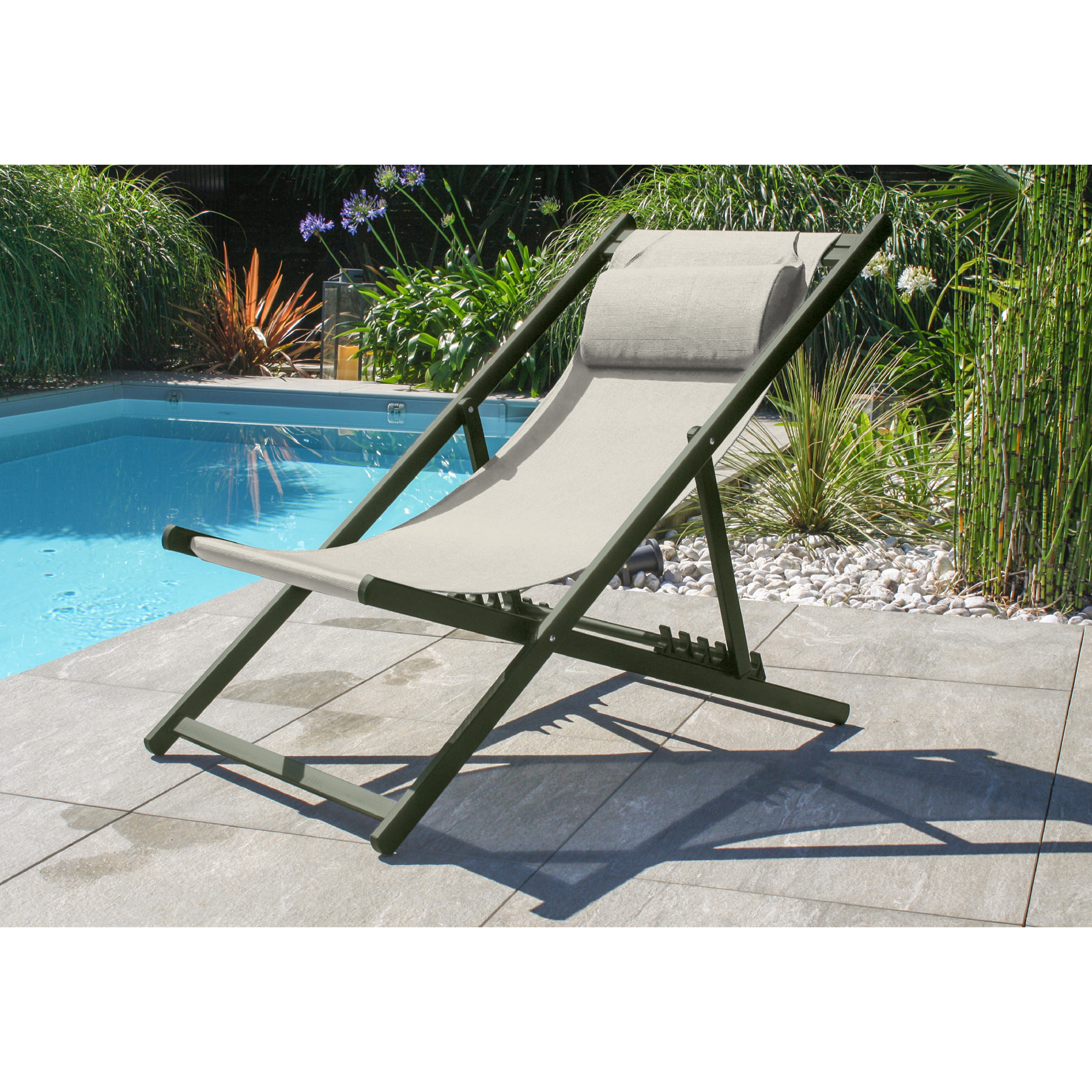 JULIA - Lot de 2 chiliennes de jardin en toile plastifiée et aluminium kaki