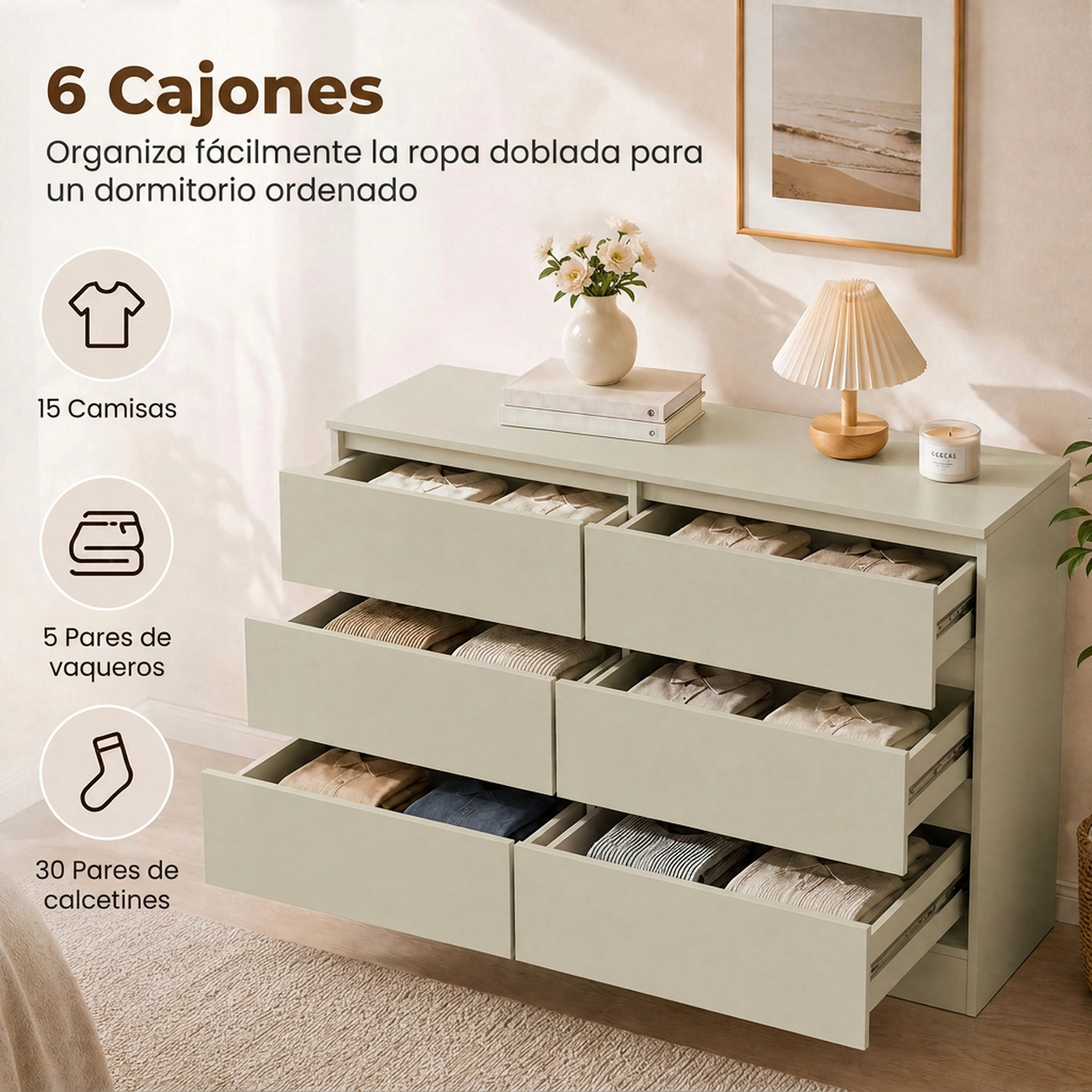 HOMCOM Cómoda de 6 Cajones para Dormitorio, Cajonera Estrecha, Sinfonier Moderno, Soporte para TV hasta 47 Pulgadas, para Salón, Vestidor, Pasillo, 100x35x69 cm, Marrón Claro