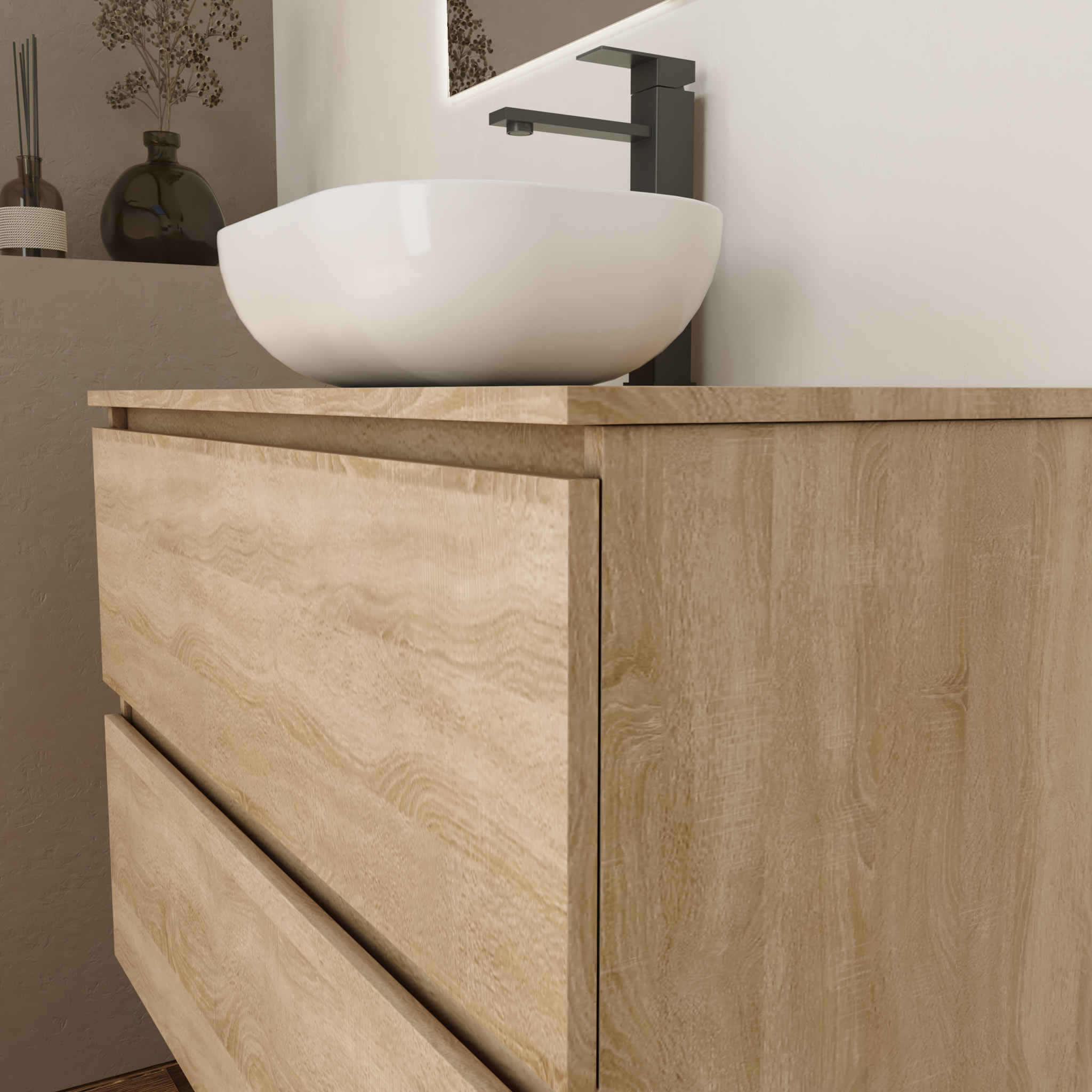 Conjunto de Baño Kaji | Mueble de Baño Suspendido | 60 cm Bardolino| Dos Cajones | Lavabo Ovalado sobre Encimera | No incluye Espejo | Alday