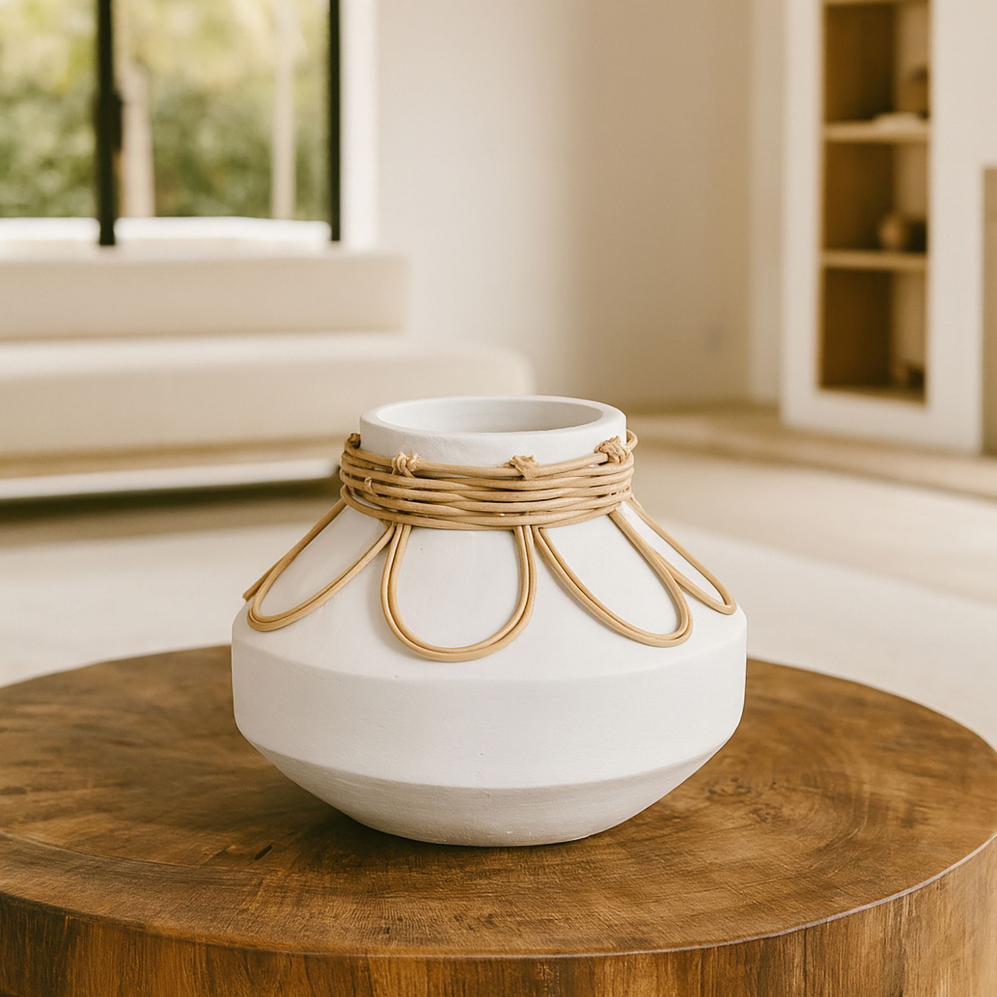 Vase en béton et rotin blanc h16cm NOUR