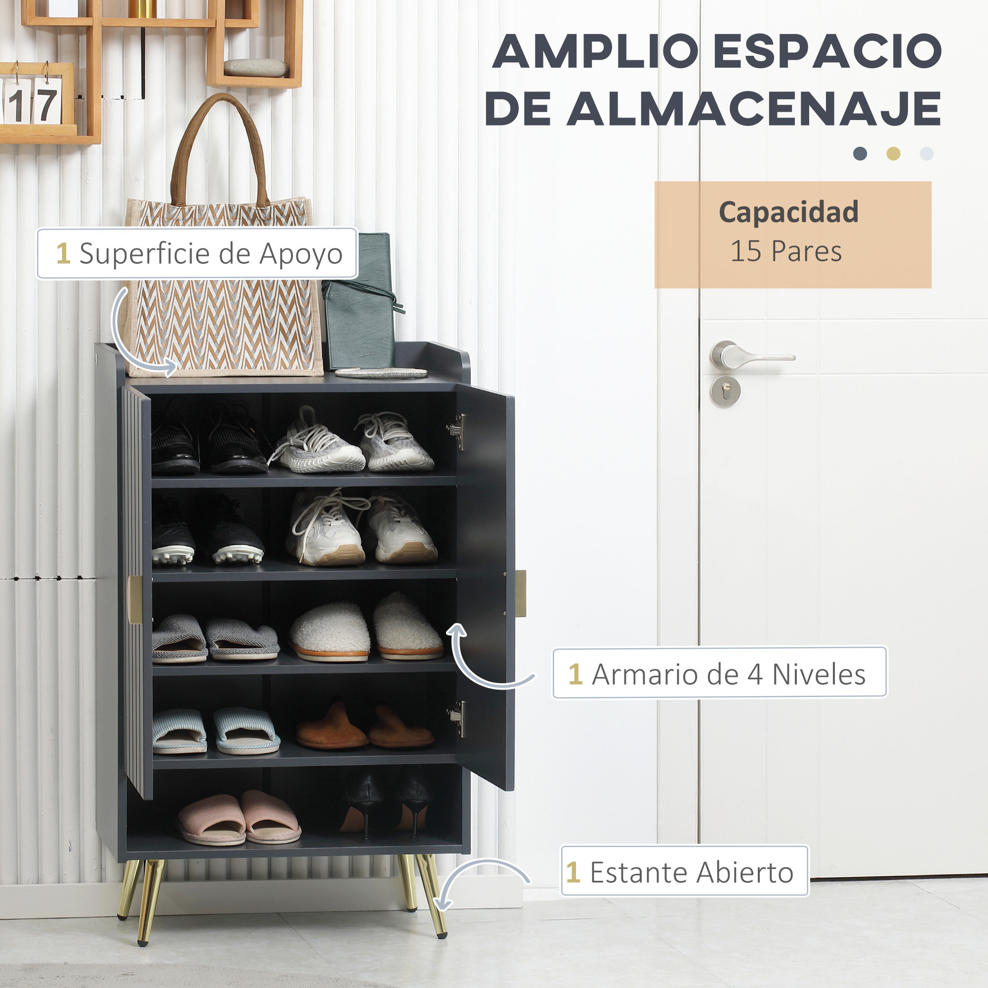 Zapatero Estrecho con 2 Puertas Mueble Zapatero con Estante Abierto y Estantes Ajustables para 15 Pares de Zapatos para Pasillo Entrada 60x33x100 cm Gris