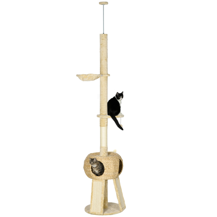 Árbol para Gatos de Suelo a Techo de 225-255 cm Torre para Gatos Altura Ajustable con Cueva Plataformas Hamaca Postes Rascadores Rampas y Bolas Colgantes Ø48x225-255 cm Beige