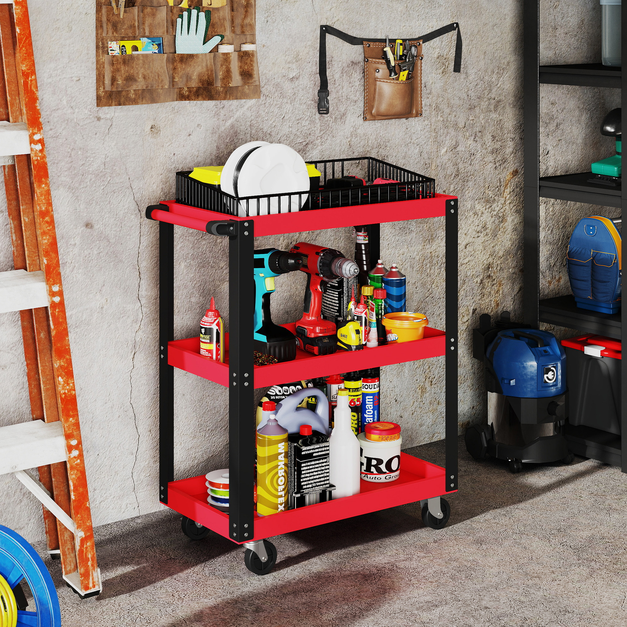Carro de Taller, Carro de Herramientas con 3 Estantes, Ruedas con Frenos y Asa Lateral, para Garaje Mecánico, Hogar, Carga 120 kg, Rojo