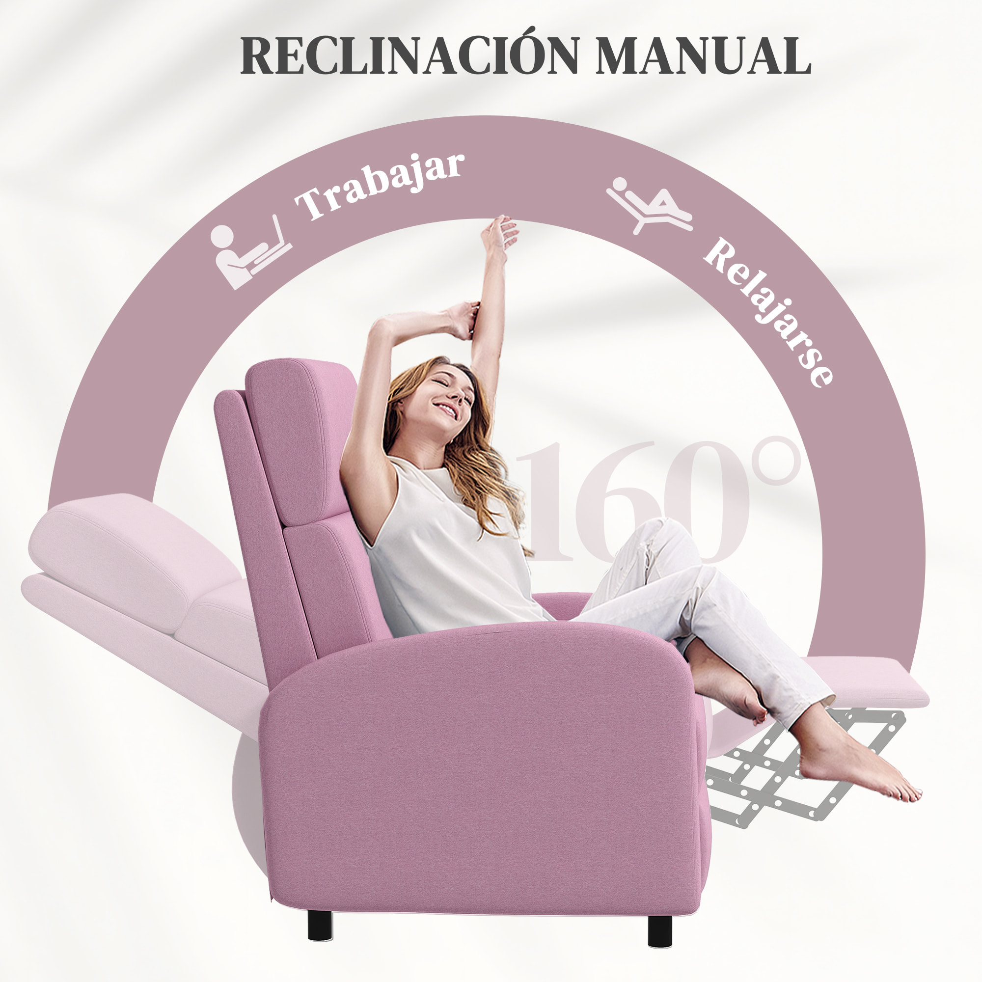 Sillón Relax Reclinable Manual Sillón Relax Tapizado en Lino Sintético con Reposapiés Carga 120 kg Sillón Reclinable para Dormitorio Oficina Rosa