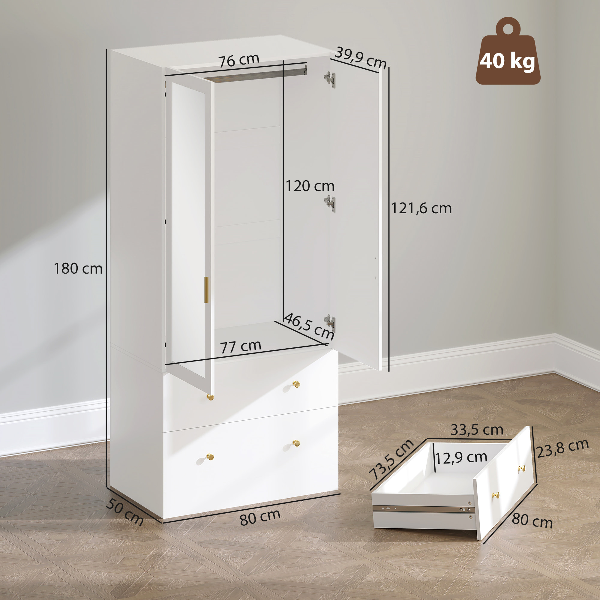 Armario Dormitorio 2 Puertas y 2 Cajones, Armario Ropero con Espejo, Barra para Colgar, Estilo Moderno, 80x50x180 cm, Blanco