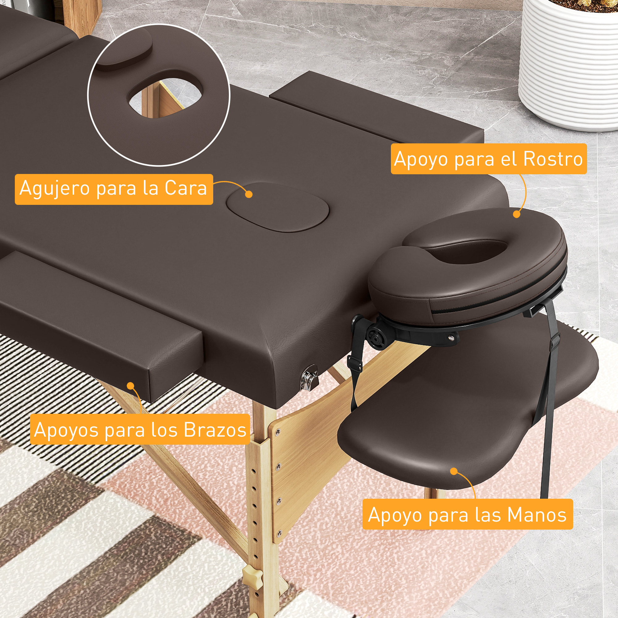 Camilla Masaje Plegable Portátil Camilla Estética Profesional de Madera de 3 Zonas con Altura, Respaldo, Soporte para Piernas, Reposacabezas Ajustables Brazos Acolchados 215x60x64-89 cm Marrón