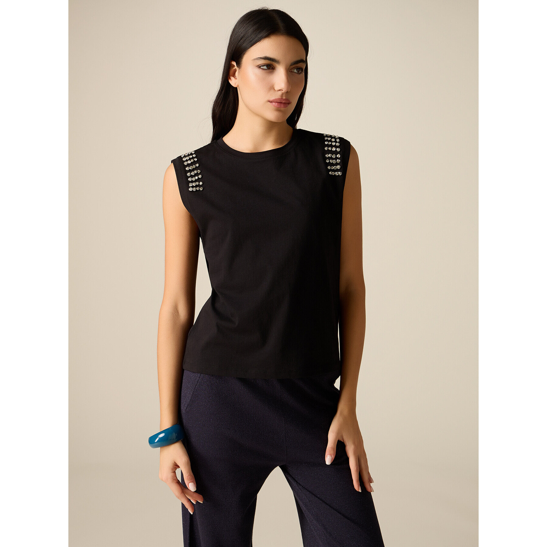 Oltre - Camiseta de algodón con engarces - Negro