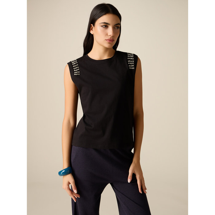 Oltre - Camiseta de algodón con engarces - Negro