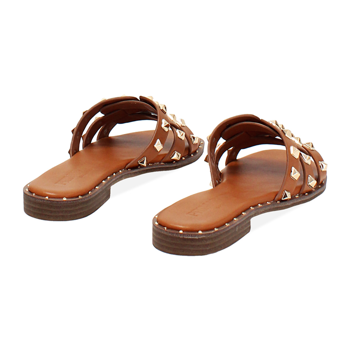 Sandali bassi donna cognac con borchie oro