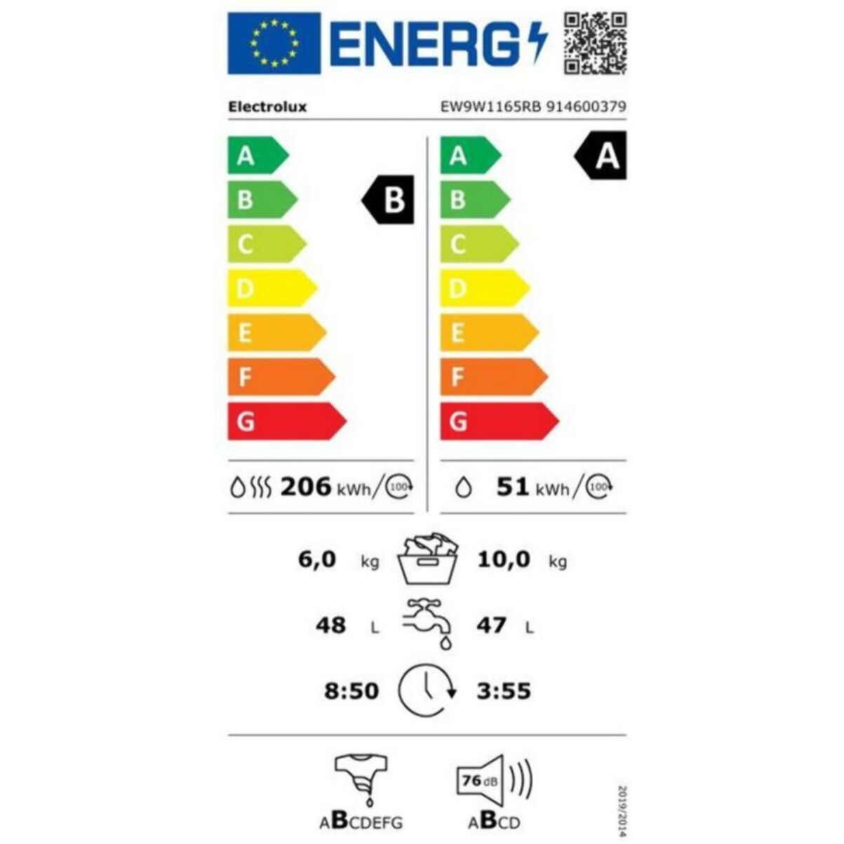Lave linge séchant hublot ELECTROLUX EW9W1165RB - 10/6 kg - 1600 tr/min - Classe B - Moteur induction