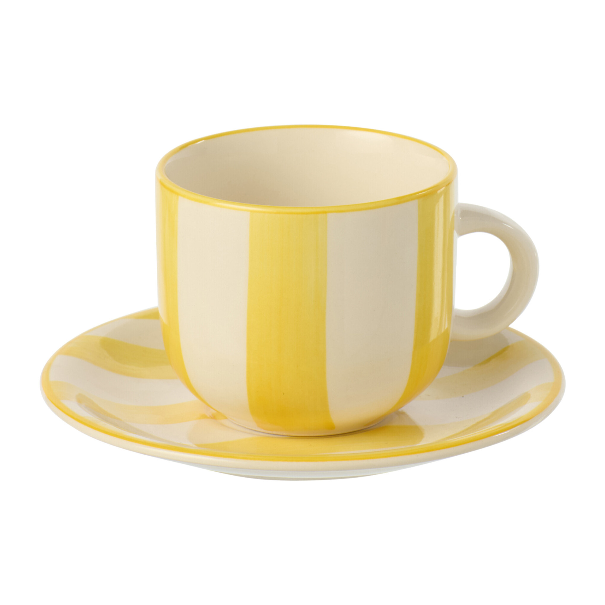 J-Line Tasse + Sous-tasse Ligné - céramique - jaune/blanc - 6 pièces