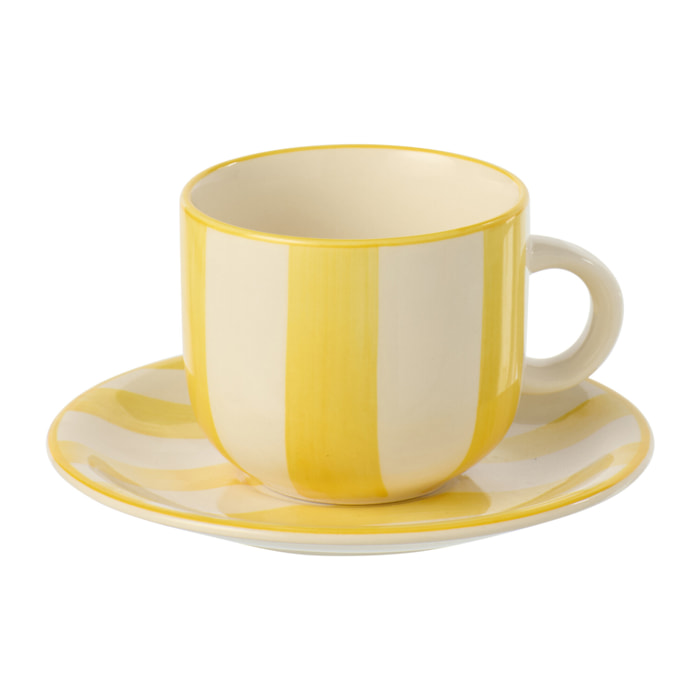 J-Line Tasse + Sous-tasse Ligné - céramique - jaune/blanc - 6 pièces