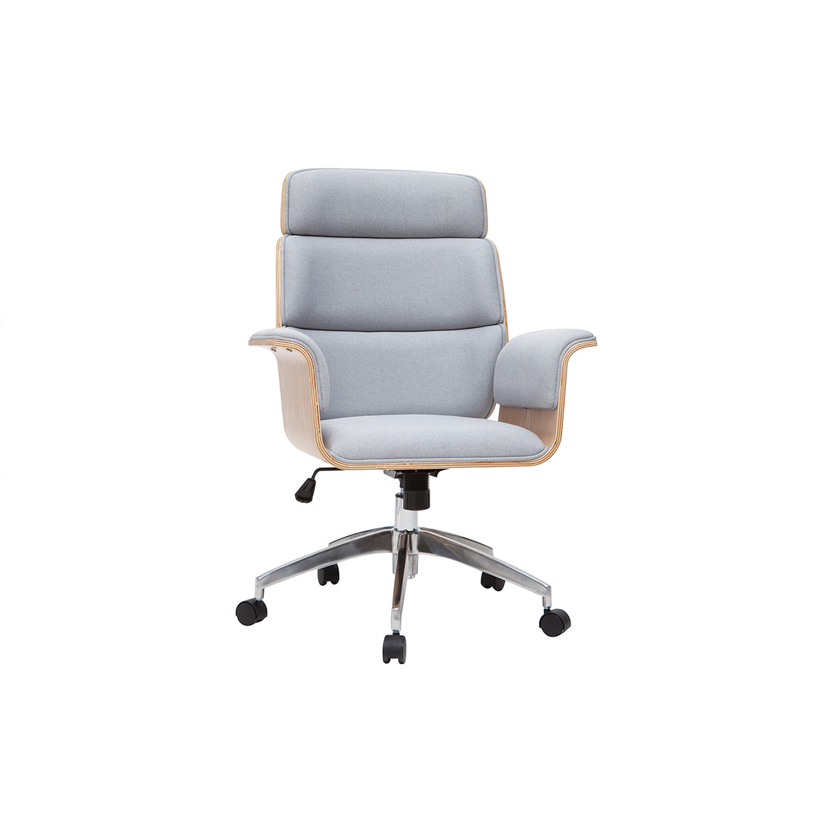 Fauteuil de bureau à roulettes design en tissu gris clair, bois clair et acier chromé ELON