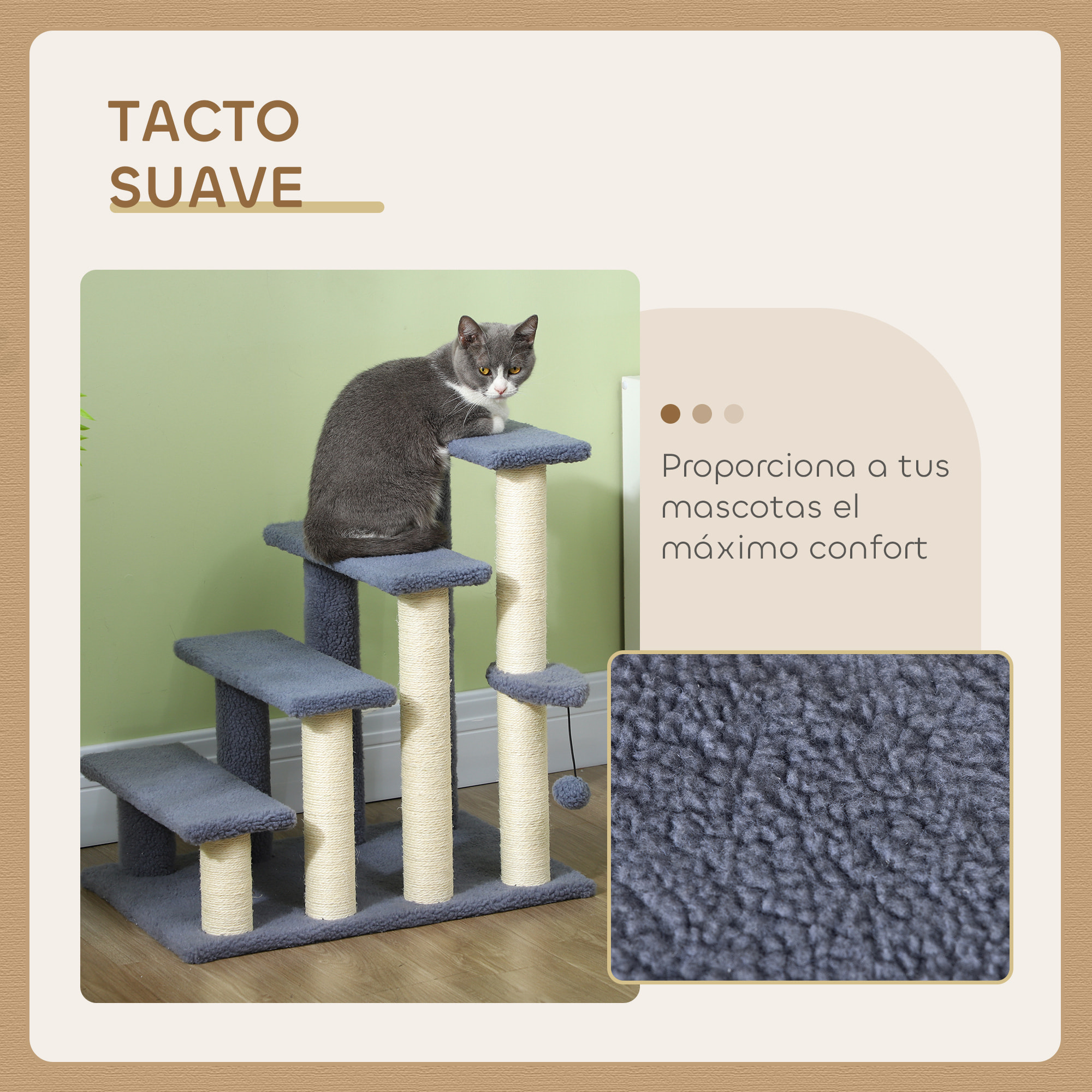 Escalera para Gatos de 4 Niveles Escalera para Mascotas Cubierto de Suave Felpa Poste de Sisal Bola Colgante Árbol Rascador para Gatos 60x40x64 cm Gris