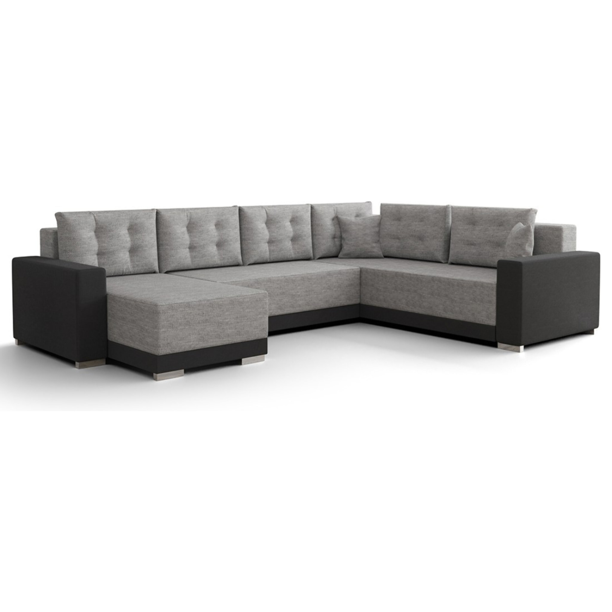 Roger - Canapé panoramique d'angle réversible 7 places convertible avec coffre en tissu - Gris / Noir