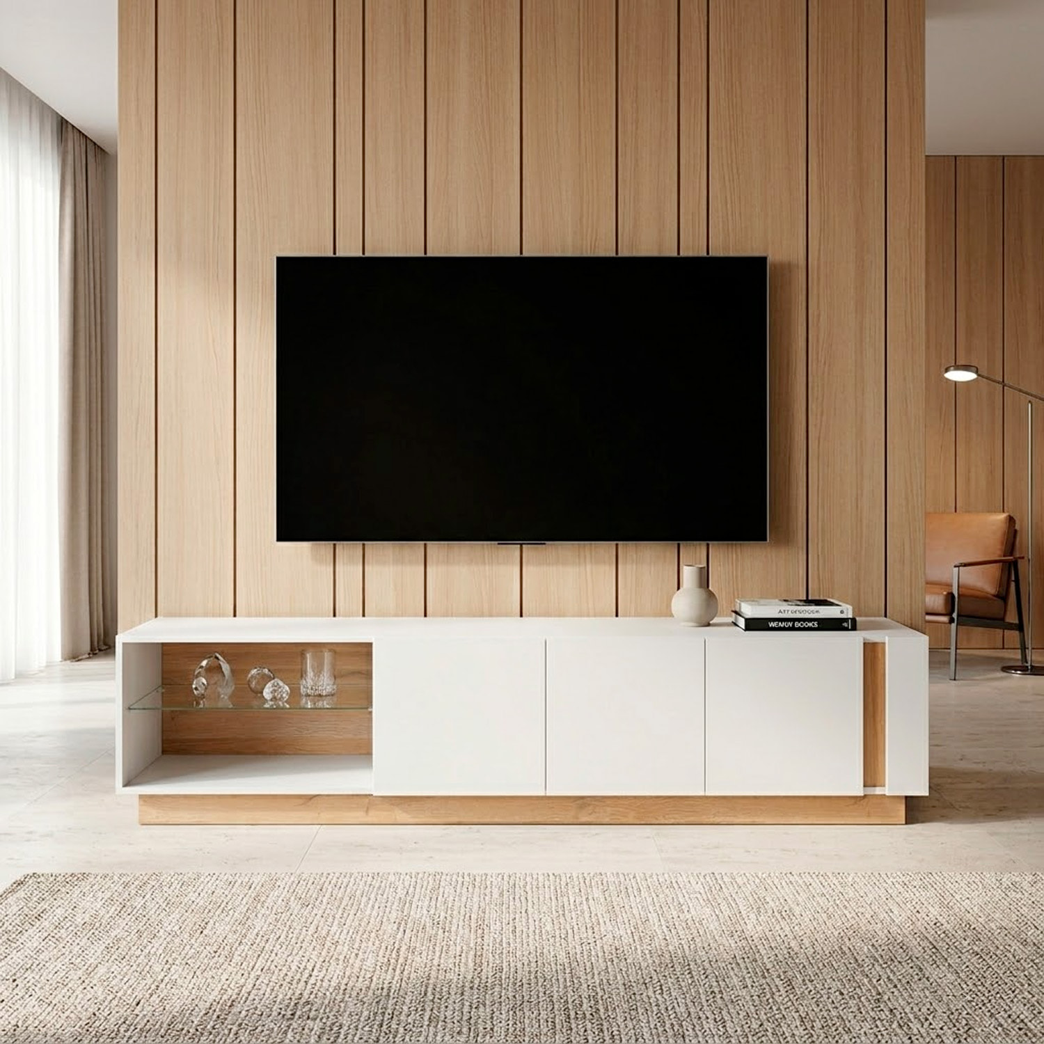 Porta TV Mobile Soggiorno Mobiletto Moderno Con Anta A gola E Vano Con Ripiano In Vetro Salvaspazio 45.5 x 40 x 187.5 Cm Bianco Lucido E Rovere