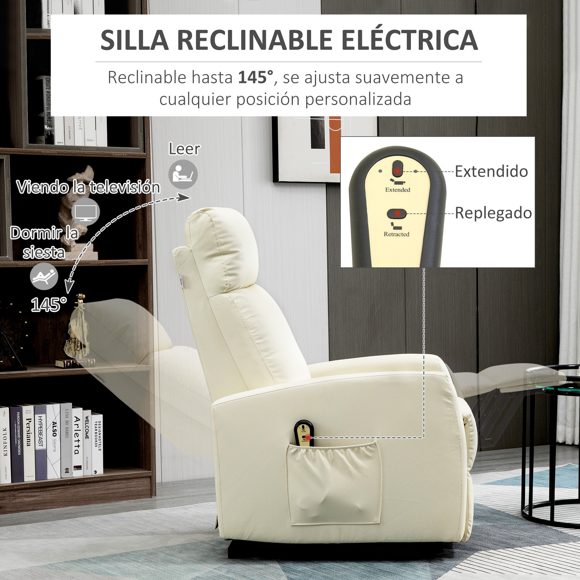 Sillón Levanta Personas Sillón Relax Eléctrico Sillón Elevador Reclinable 145° con Control Remoto Reposapiés para Personas Mayores 67x95x105 cm Crema