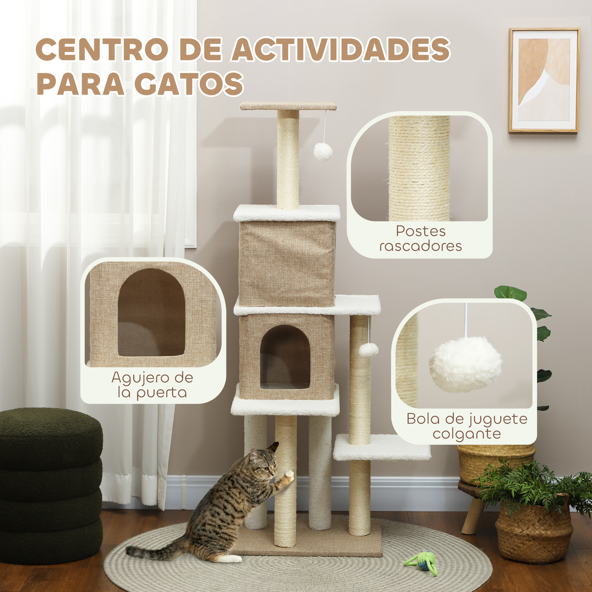 Árbol Rascador para Gatos de Borreguito Altura 140 cm Árbol para Gatos Torre para Gatos con 2 Nidos Plataformas Bolas Colgantes y Poste de Sisal Marrón Claro