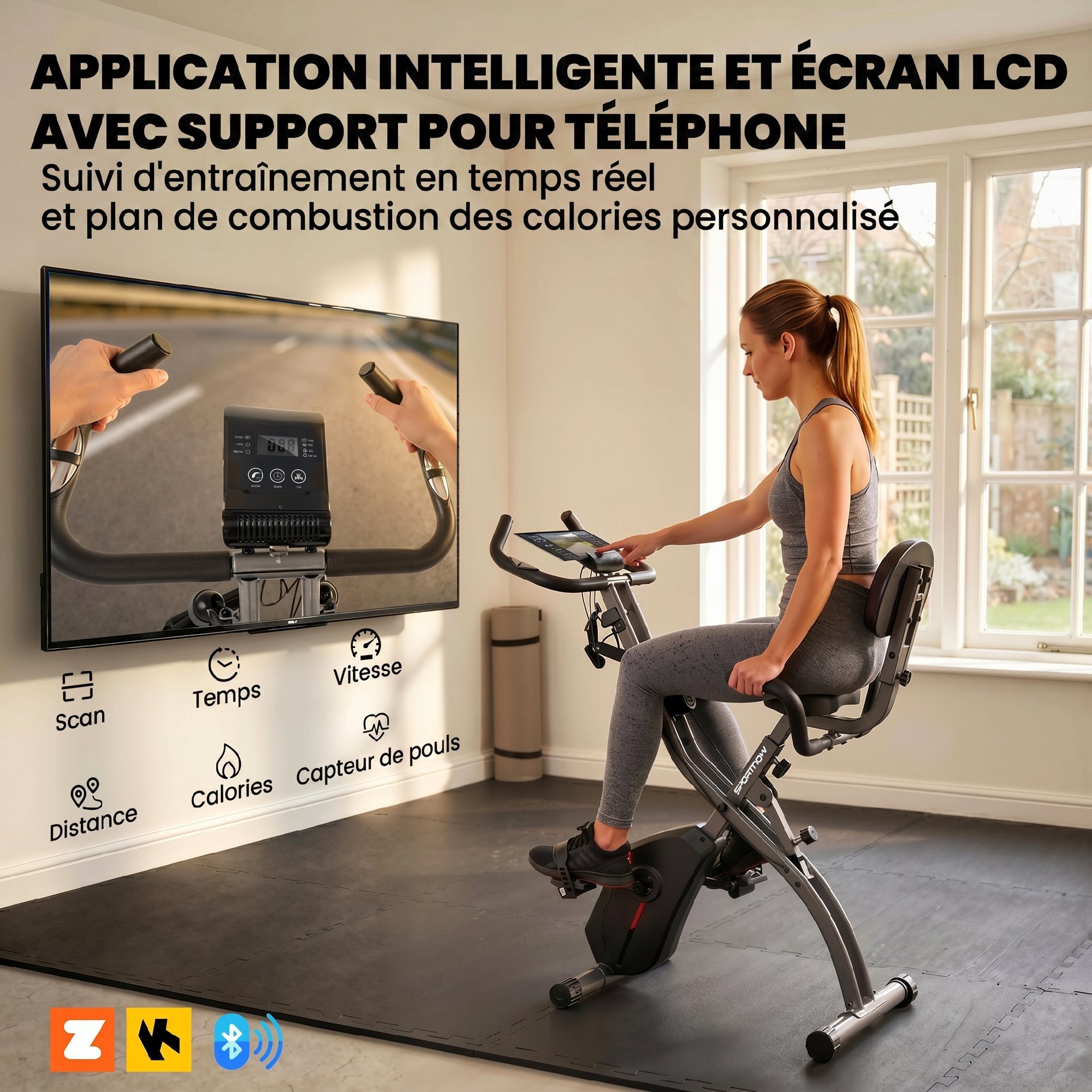 Vélo d'appartement pliable 3-en-1 classique semi-allongé bandes de résistance noir
