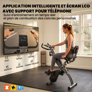 Vélo d'appartement pliable 3-en-1 classique semi-allongé bandes de résistance noir