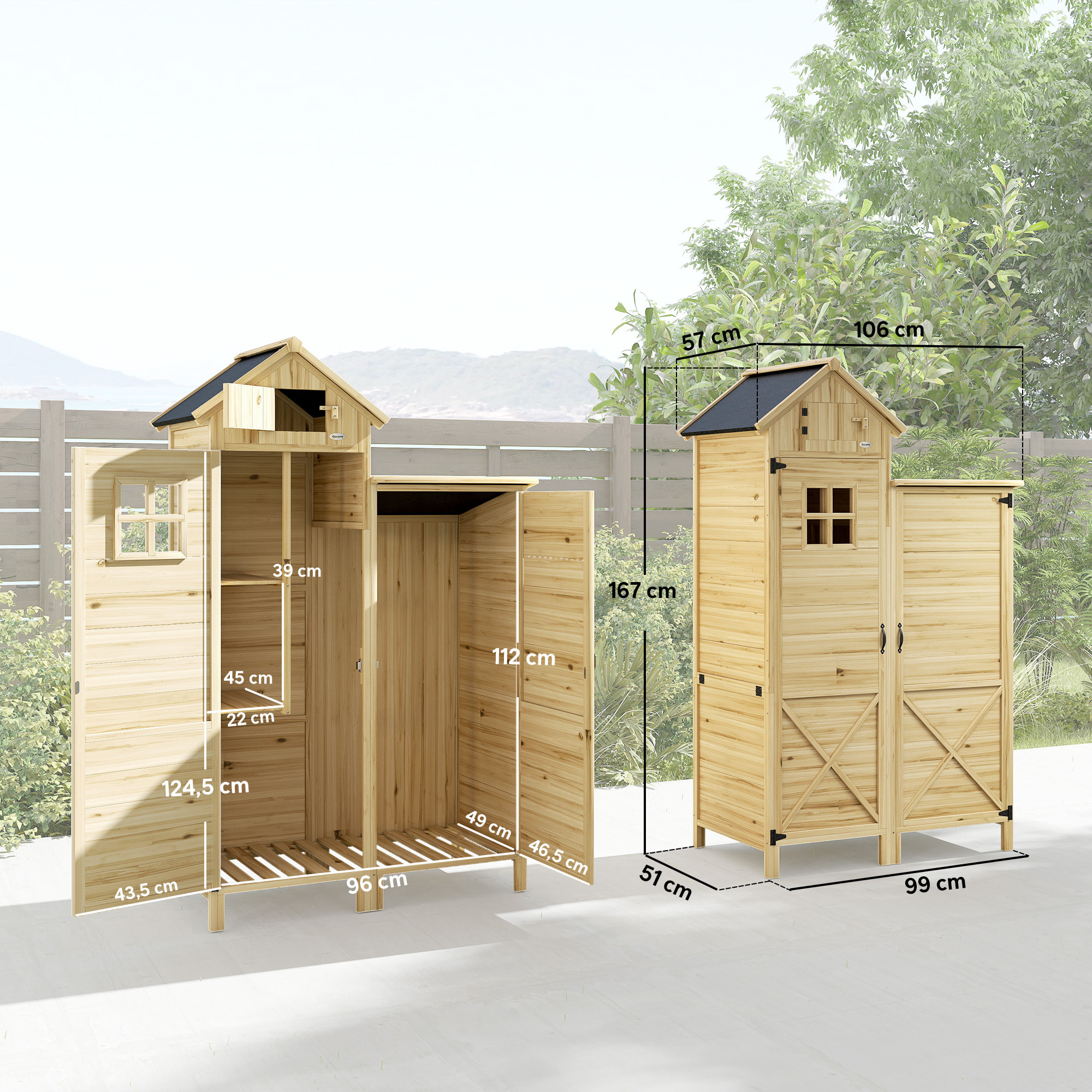 Caseta de Jardín de Madera 106x57x167 cm, Cobertizo Jardín Exterior, Armario para Herramientas con Doble Zona, Puertas, Estantes Desmontables, Techo Asfáltico Impermeable y Ventana, Natural