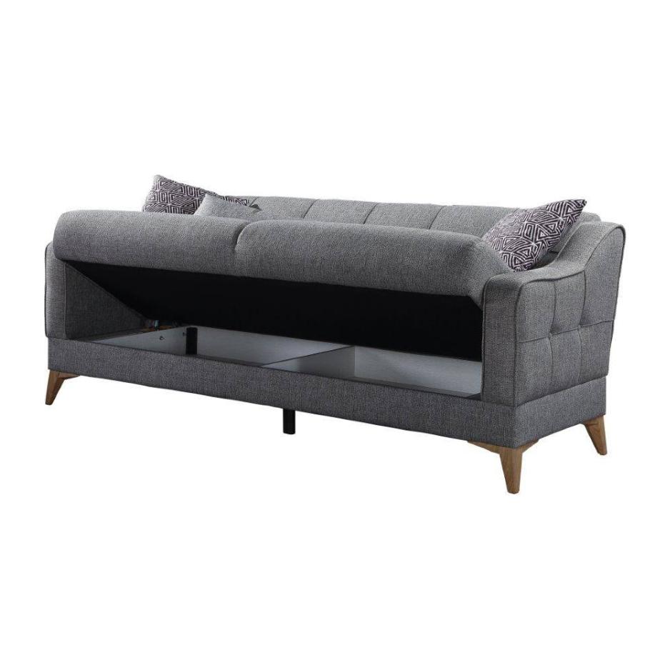 Divano letto Juan, Divano letto contenitore a 3 posti lineare con 3 cuscini inclusi, Sofà da soggiorno in tessuto imbottito con apertura click-clack, 207x82xh92 cm, Grigio