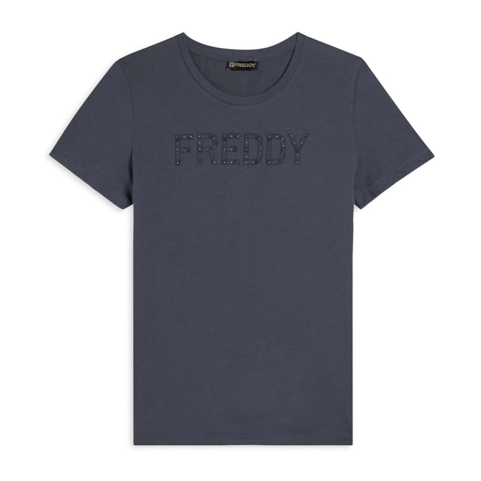 T-shirt con logo frontale in borchie