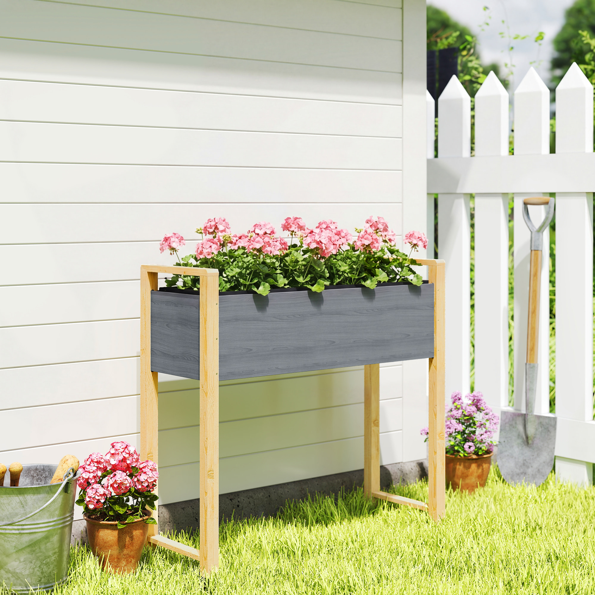 Jardinière design bicolore bois naturel et gris feutre drainage inclus